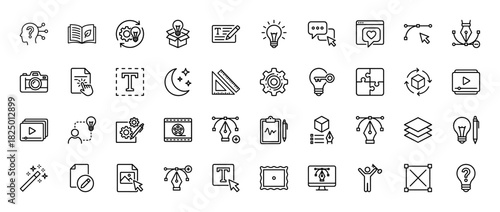 Creative design and idea line icon set. Vector pictograms of lightbulb, pen, camera, layers, magic wand, palette, puzzle, video, edit, thin linear illustration.