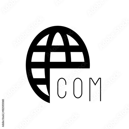 Illustration of a black globe with grid lines and the letters com on a white rectangular shape next to it