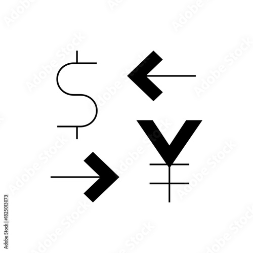 Currency exchange symbols featuring dollar sign, yen symbol, and arrows indicating direction of flow of cash