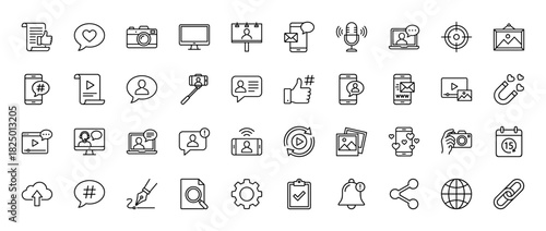 Social media and digital marketing line icon set. Vector pictograms of smartphone, camera, video, globe, and computer, thin linear illustration.
