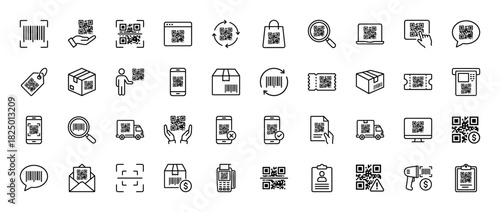 E-commerce and logistics line icon set. Vector pictograms of qr codes, barcodes, delivery trucks, smartphones, and shopping carts, thin linear illustration.