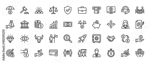 Finance and business line icon set. Vector pictograms of gold, briefcase, insurance, atm, chart, bank, piggy, contract, bull, safe and rocket. Thin linear illustration.