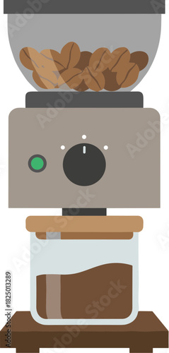 Modern electric burr coffee grinder with whole beans and fresh grounds isolated vector illustration.