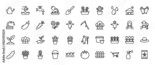 Gardening line icon set. Vector pictograms of flowers, plants, tools, and vegetables, thin linear illustration.