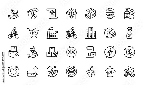 Ecology and sustainability line icon set. Vector pictograms of recycling, renewable energy, and eco-friendly transportation, thin linear illustration.