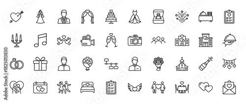 Wedding and marriage event line icon set. Vector pictograms of bride, groom, rings, cake, gift, and arch, thin linear illustration.