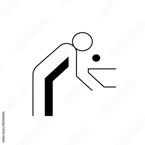 Illustration of a stick figure drinking from a water fountain with a black dot representing water drop