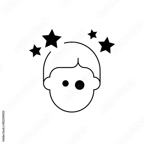 Illustration of a person with stars circling their head indicating dizziness or confusion in black and white