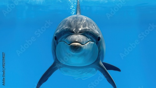 A detailed close-up shot of a dolphin swimming underwater, captured from the front