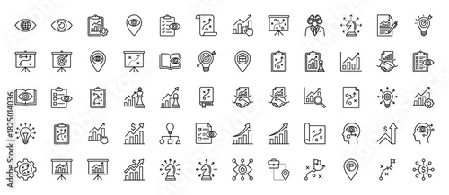 Business strategy and planning line icon set. Vector pictograms of charts, targets, vision, and handshake, thin linear illustration.