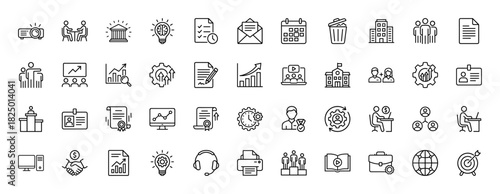 Business and office management line icon set. Vector pictograms of meeting, calendar, chart, document, and corporate structure, thin linear illustration.