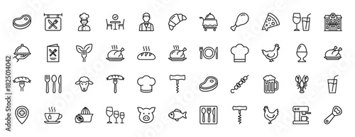 Food and restaurant line icon set. Vector pictograms of croissant, steak, chef, pizza, chicken, wine, and cutlery, thin linear illustration.