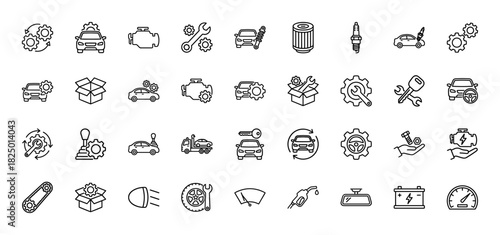 Automotive repair and service line icon set. Vector pictograms of car, engine, wrench, spark plug, and gears, thin linear illustration.