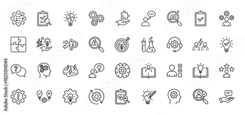 Business innovation line icon set. Vector pictograms of lightbulb, gear, puzzle, strategy, brainstorming, analysis, thin linear illustration.