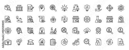 Innovation and research line icon set. Vector pictograms of idea, science, analysis, education, and finance concepts, thin linear illustration.