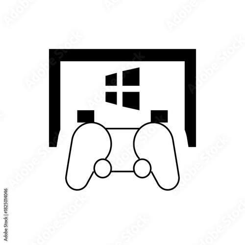 Illustration of a game console controller in front of a screen with a windows logo displayed centered