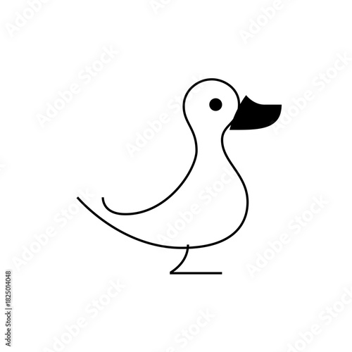 Simple line drawing of a white duck with a black beak and eye standing on the ground facing right