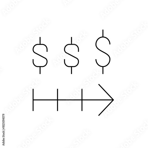 Three dollar symbols in ascending order above a time line with an arrow pointing to the right side