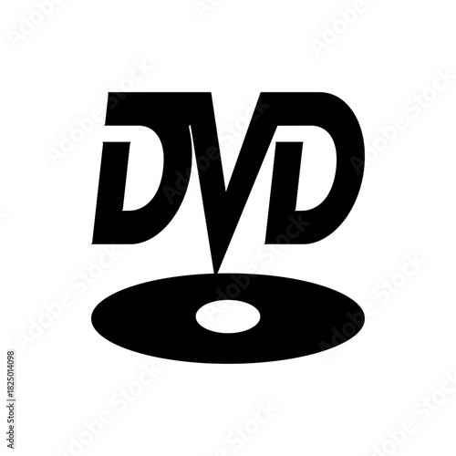 Illustration of the dvd logo with a disc and the letters dvd in bold black on a white background view