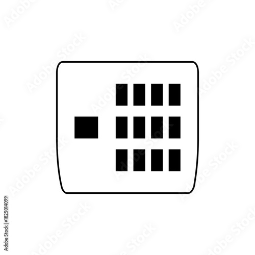 Illustration of a rectangular device with rounded corners and a button grid on the right side and a square button on the left