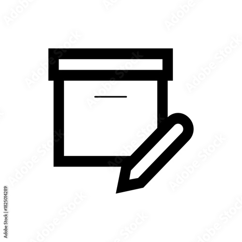 A simple black and white icon showing a box with a line inside and a pencil next to it on a white background