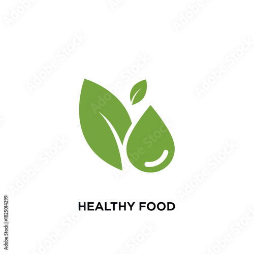 Healthy food concept with green leaves and water drop illustration.