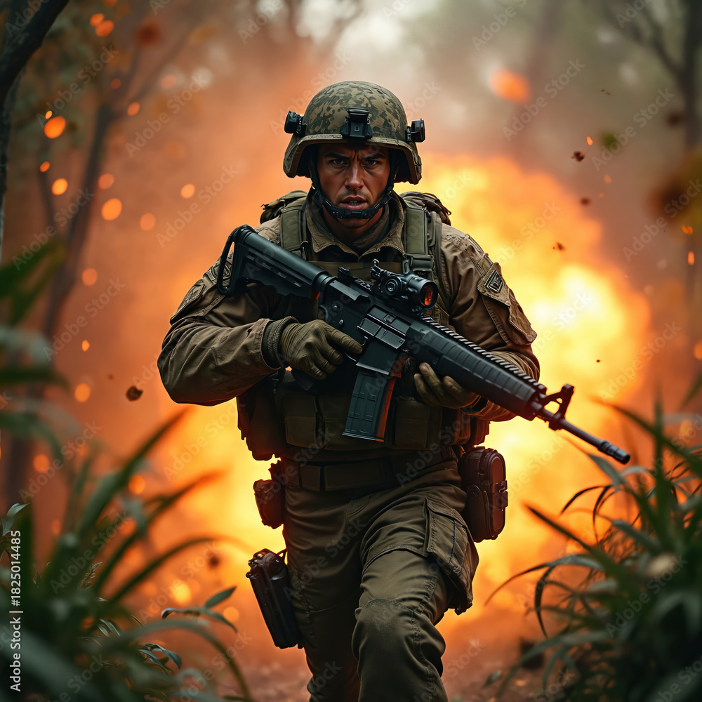 Obraz premium Soldier runs with rifle during battle. Man in combat uniform holds weapon. Explosions occur in background. War concept. Military action. Courage and bravery.