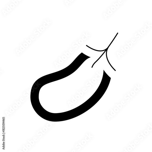 Stylized outline of an eggplant with a simple stem and leaf structure in a minimalist black and white design