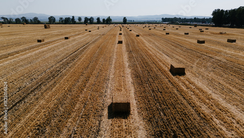 Wide aerial shot of a large, harvested grain field with straw bales and linear patterns, leading towards a distant town and mountains under a clear sky