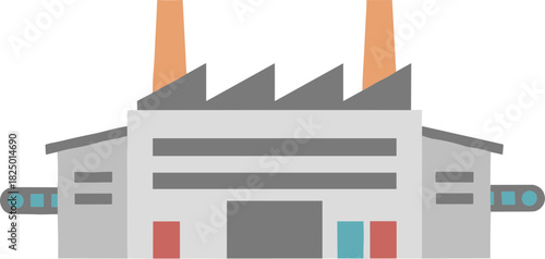 Industrial factory building with smokestacks and conveyor belts vector illustration.