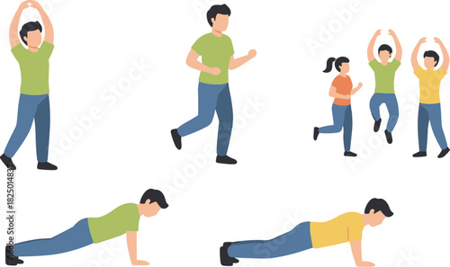 Vector illustration set of people performing various fitness exercises.