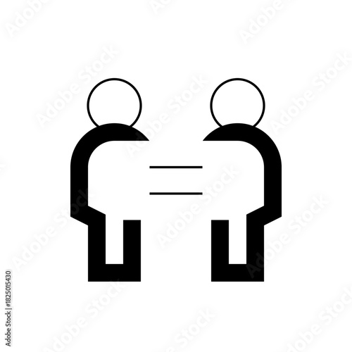 Two stylized figures facing each other with a horizontal equality symbol between them in black and white