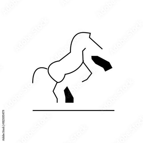 A minimalist line drawing of a horse rearing up with geometric shapes and a horizontal line at the bottom