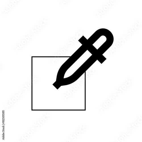 Illustration of a dropper tool positioned diagonally over a square shape on a white background design art