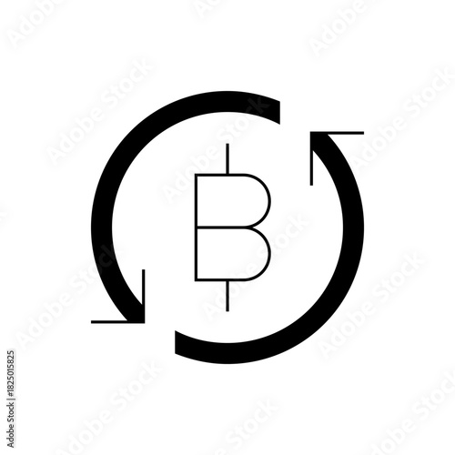 Bitcoin symbol with circular arrows indicating exchange or transaction in a simple black and white design