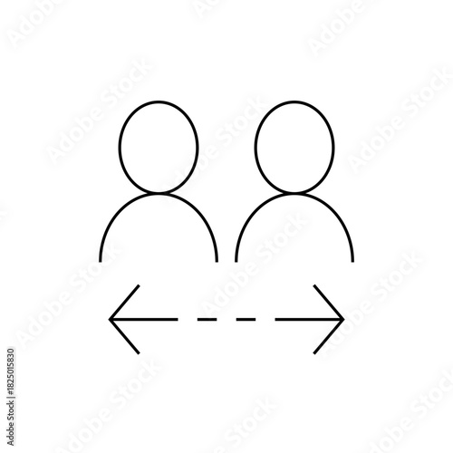 Illustration of two people icons facing each other with a dashed line and arrows between them in black and white
