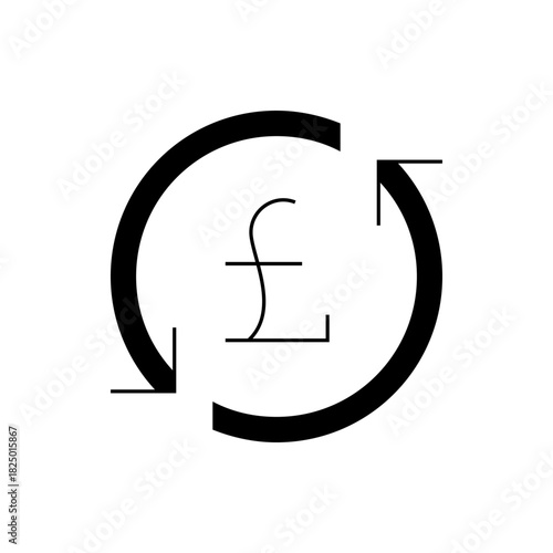 Pound sterling currency symbol encircled by arrows indicating exchange or conversion in black and white style