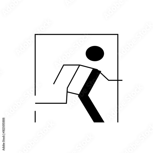 Stick figure exiting a door frame with a bold leg in black and thin arms on a white background square frame