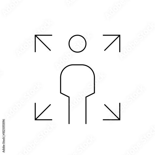 Outline of a person with a circular head and arrows pointing outwards from the center in all directions