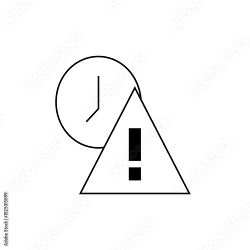 A simple line drawing showing a clock partially overlapping an alert triangle with an exclamation point inside it