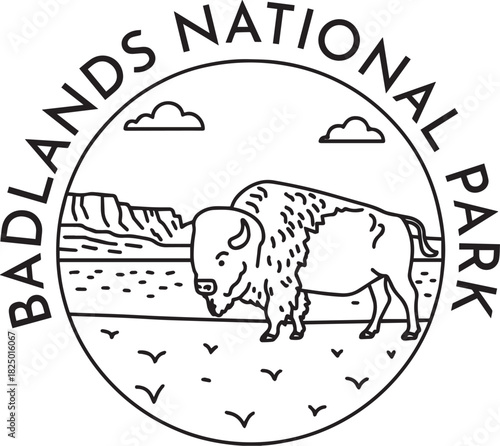 Badlands National Park - Bison monoline vintage outdoor badge design