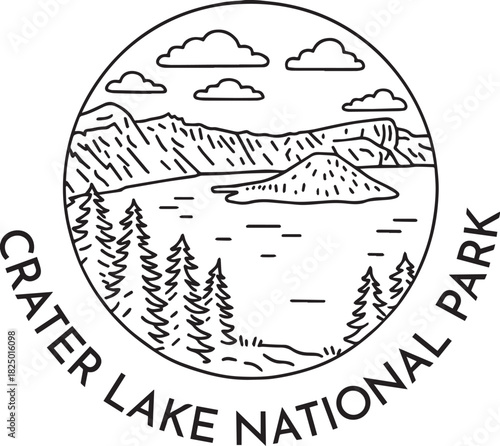 Crater Lake National Park monoline vintage outdoor badge design