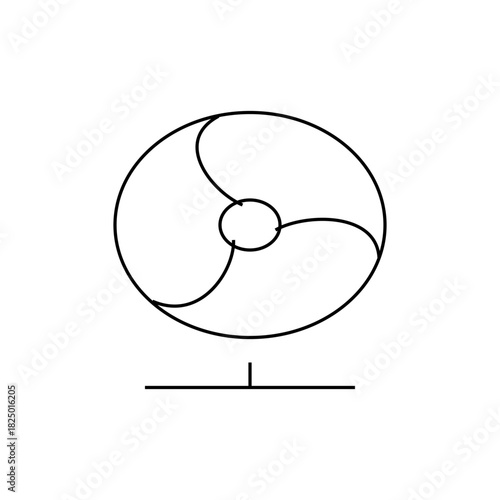 Illustration of a standing fan with a circular guard and three blades in a minimalist line drawing style