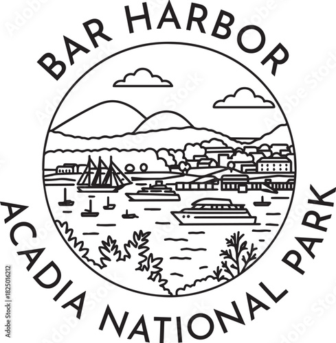 Acadia National Park - Bar Harbor monoline vintage outdoor badge design