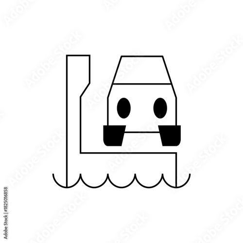 A simple black and white line drawing of a car ferry with water waves underneath the platform
