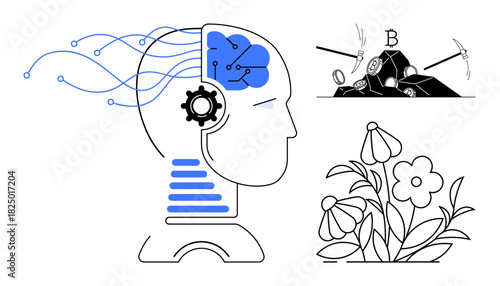 Profile of human head with AI brain, circuits, and gear, mining tools with cryptocurrency, blooming flowers. Ideal for artificial intelligence, cryptocurrency, creativity, tech innovation