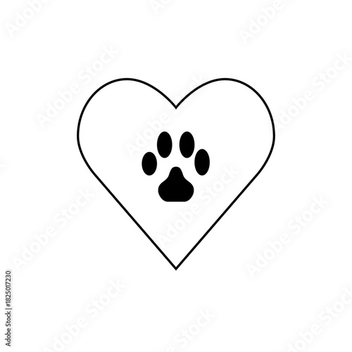 Heart outline containing a black paw print symbolizing love for pets and animal companionship design art