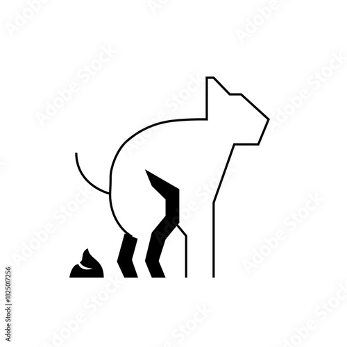 Illustration of a cat defecating with geometric shapes and simple lines in black and white colors design