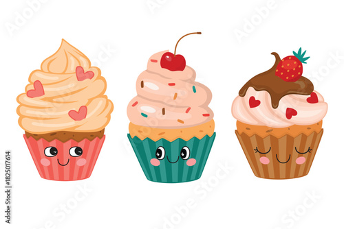 Cartoon cupcakes set. Cute desserts with faces and decorated with cream, hearts, cherries, strawberries and sprinkles. Vector objects isolated on white background. Food illustrations for banner, card.