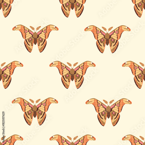 Colorful night moth seamless pattern. Flying insect with antennae and ornamented wings. Beige, pink, brown and yellow colors. Print on fabric and paper. Vector design for textile, endless wallpaper.